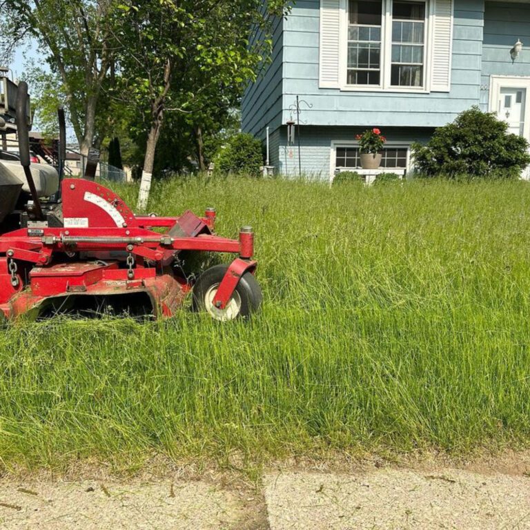 A before image of grass that is in need of mowing with a mower just starting the process of mowing.