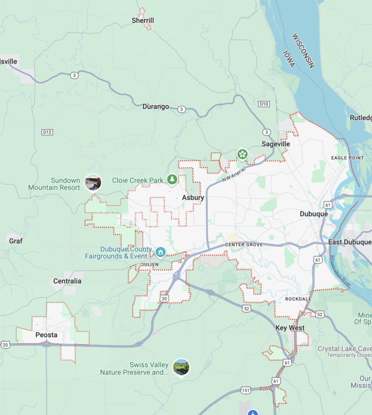 An image depicting the outline of the towns iin the service areas. These towns are Dubuque, Asbury, Peosta, Key West, and Sherrill, Iowa.